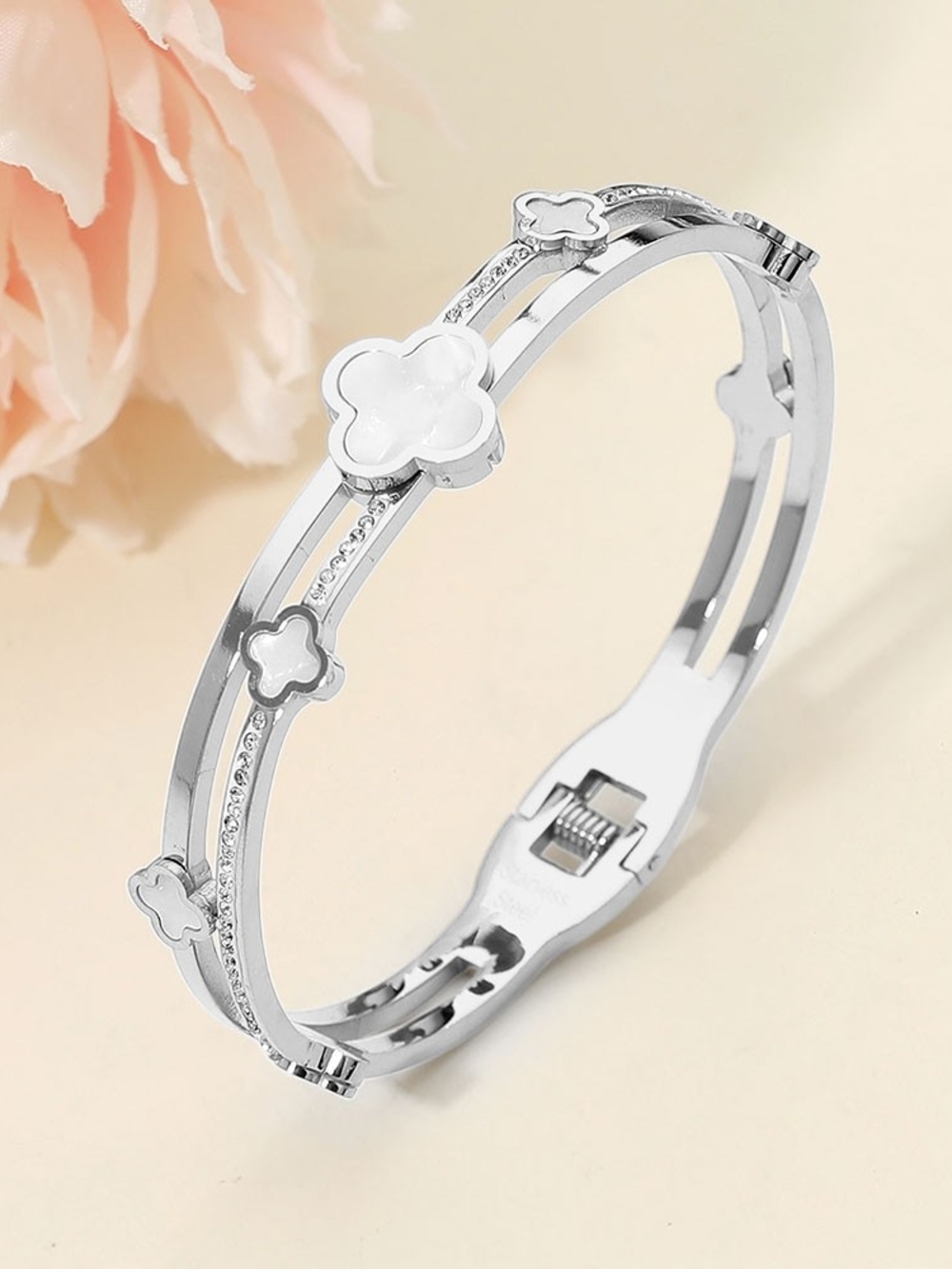 Silver Metal Split Mother Of Pearl CZ Stone Quatrefoil Clover Bracelet Bangle